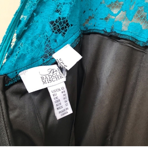 Badgley Mischka lacy blue aqua color block dress w/bead embellished belt size 12 - Picture 5 of 8